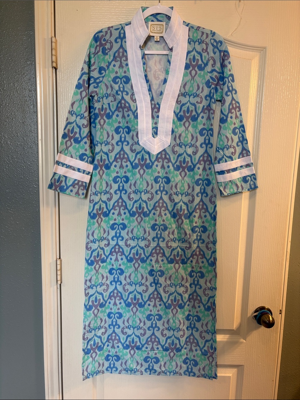 Sail to Sable | Blue & Green 100% Cotton Long Sleeve Caftan - Picture 8 of 16